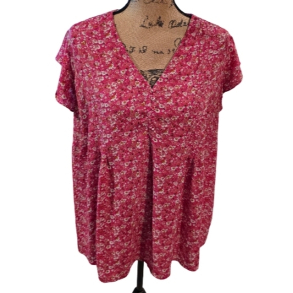 Cynthia Rowley Pink‎ Floral Flutter Sleeve V Neck Button Front Tunic Top Womens